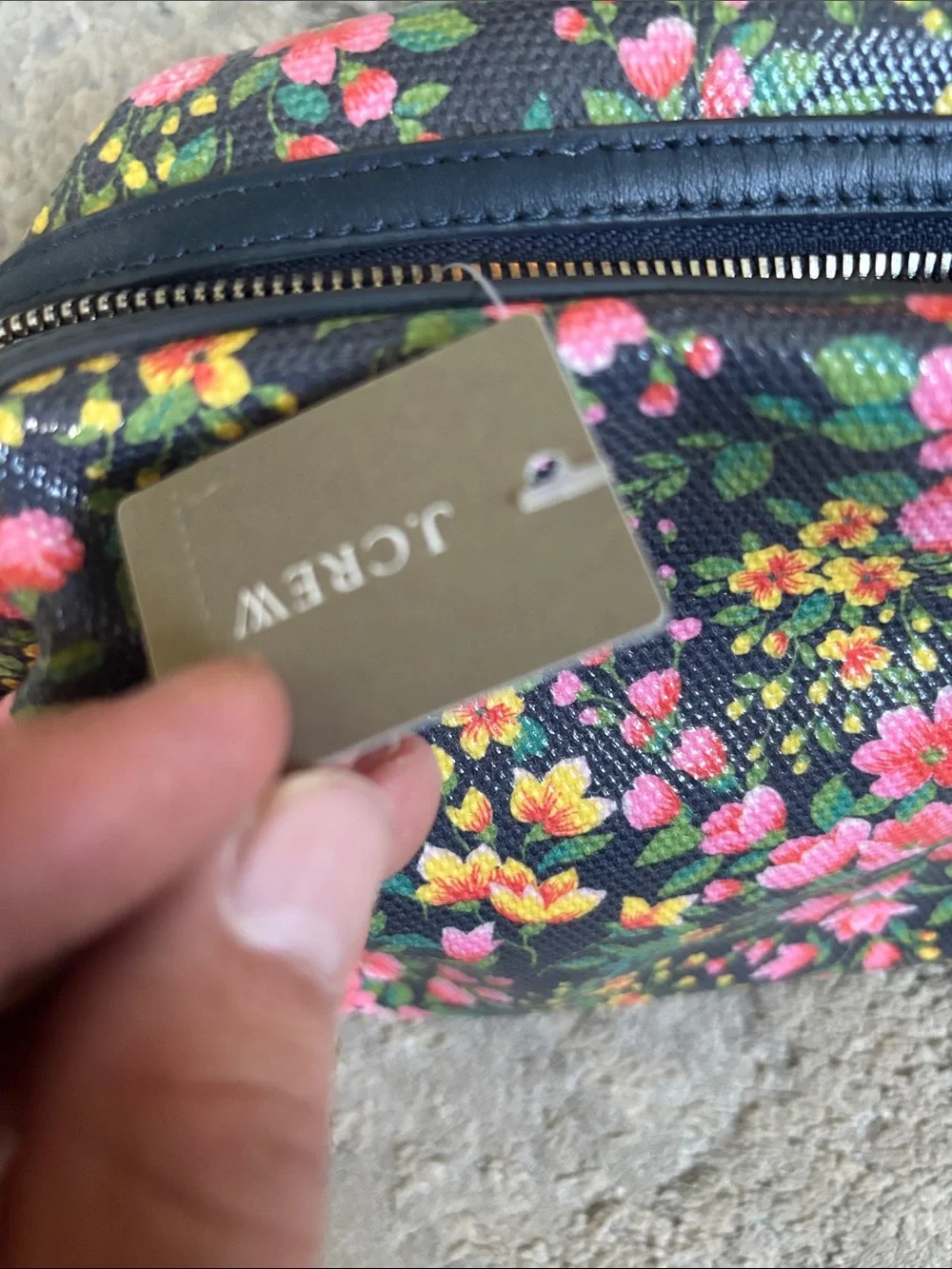 J. Crew Factory Navy Floral Zip Makeup Pouch with Pink & Yellow Blooms
